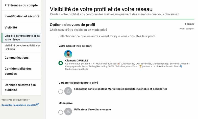 Profil LinkedIn en privé